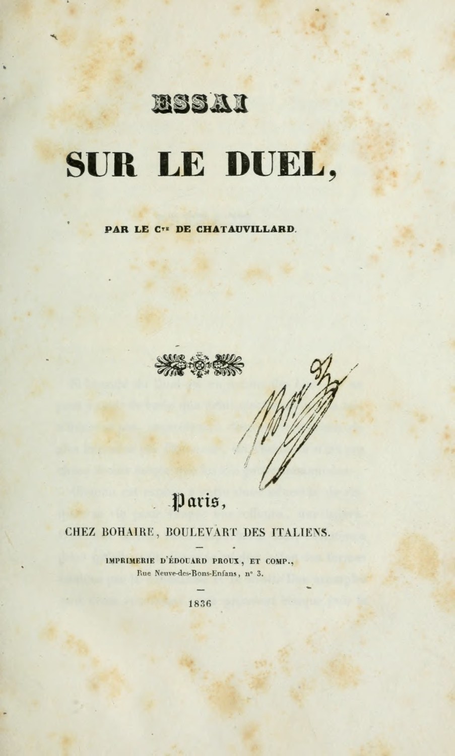 Титульный лист «Essai sur le duel» графа де Шатовильяра, 1836