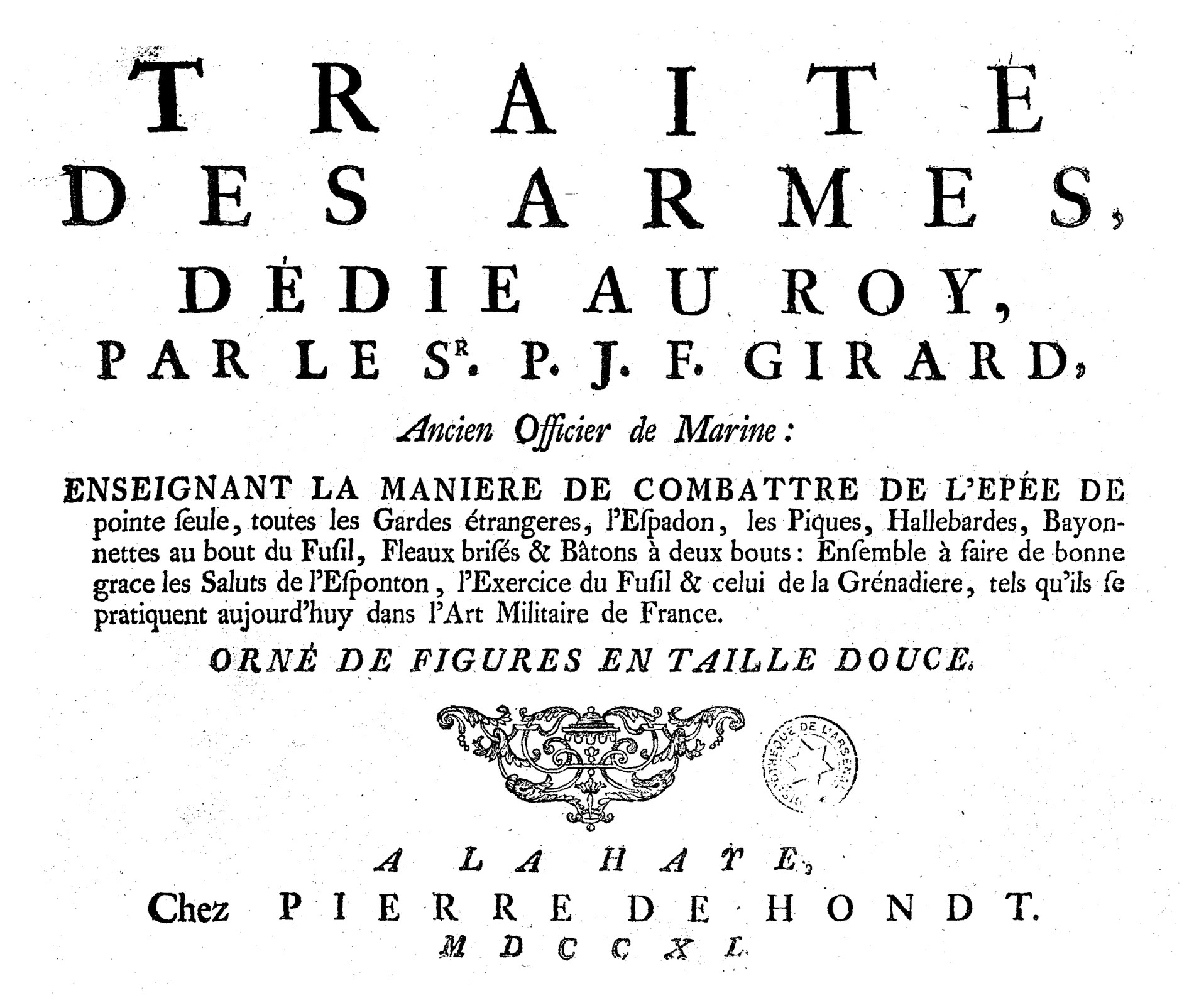 Титульный лист «Traité des armes» Жирара, 1740